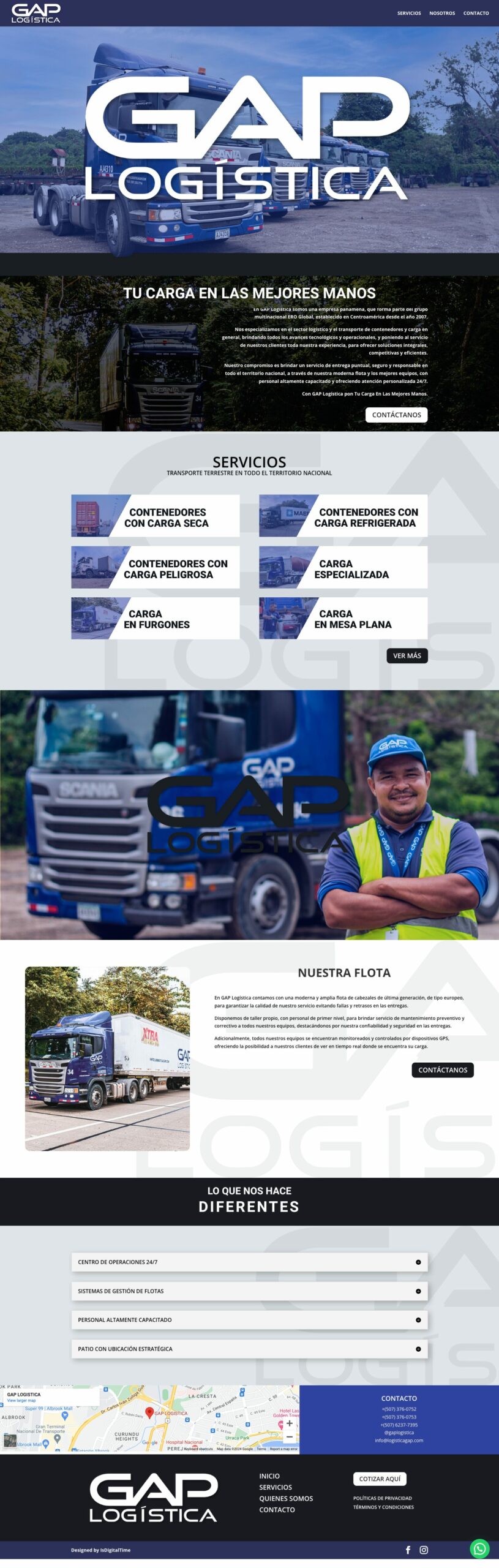 GAP Logística website homepage, designed by BeeClicked, showcasing transportation and logistics services with a modern fleet.