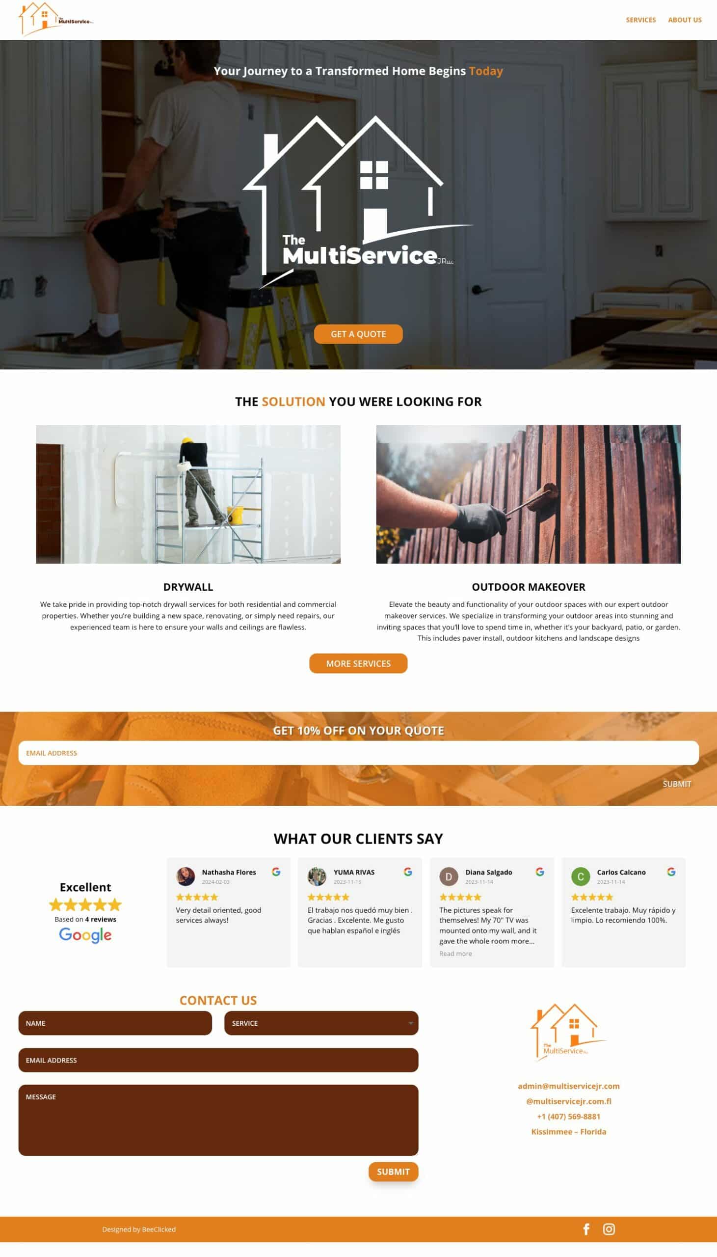 The MultiService website homepage, designed by BeeClicked, showcasing home renovation and repair services, including drywall and outdoor makeovers.