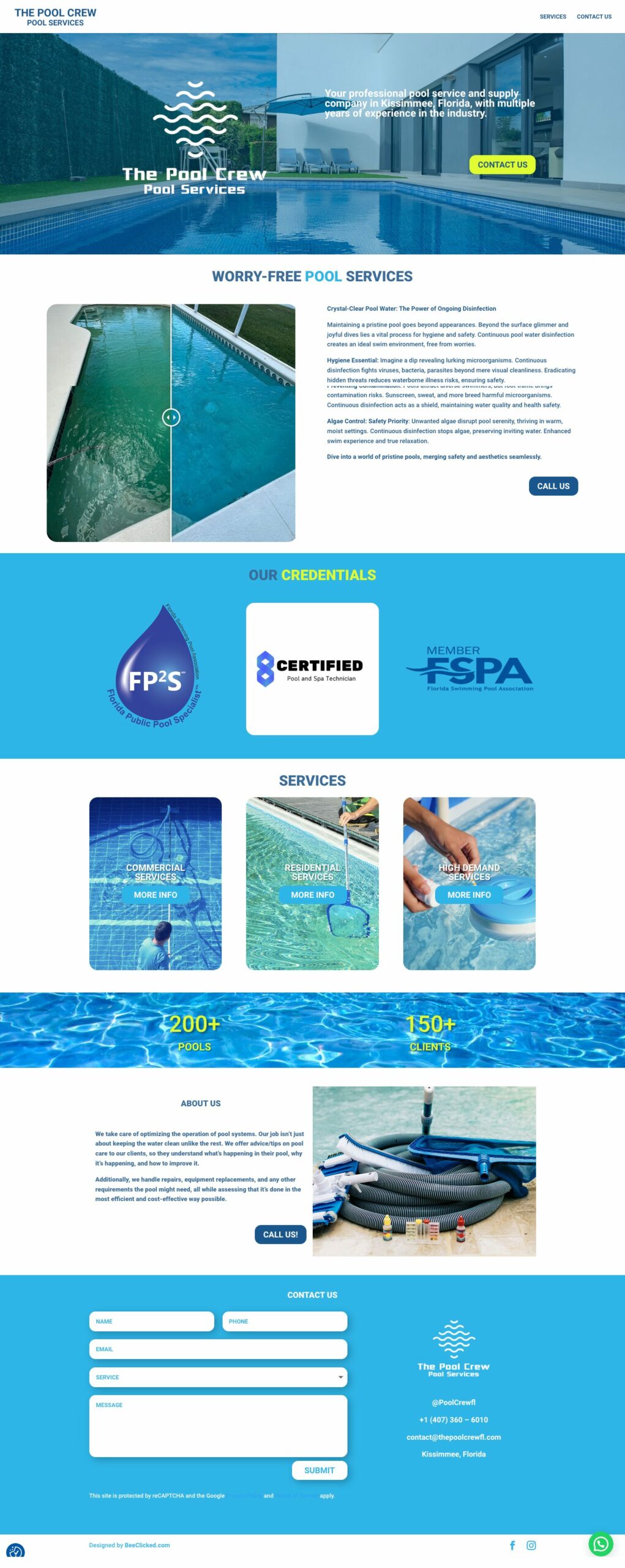 The Pool Crew website homepage, designed by BeeClicked, showcasing pool cleaning, maintenance, and repair services in Kissimmee, Florida. Created as part of our expert web design services in Florida to enhance local business presence online.