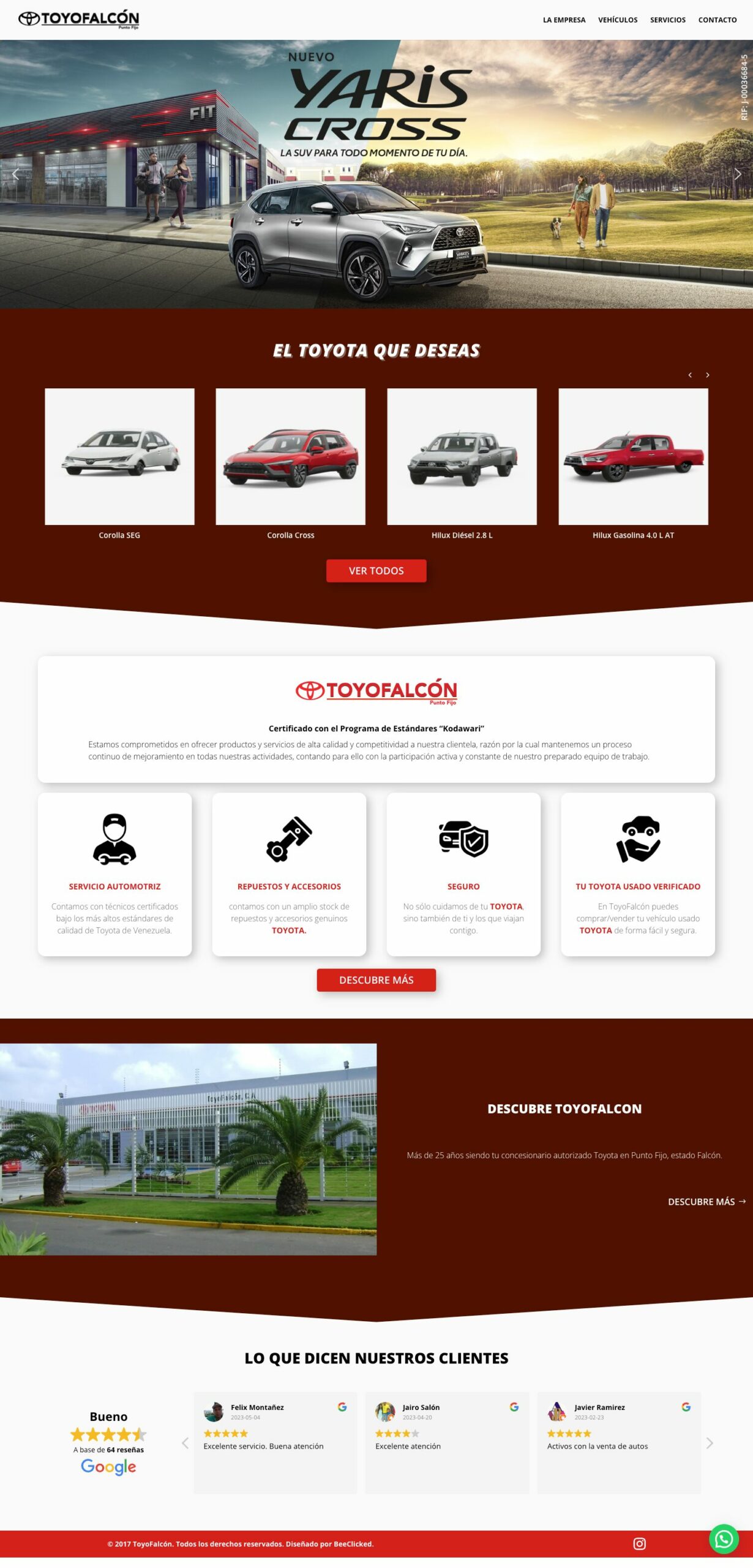 ToyoFalcón website homepage, designed by BeeClicked, featuring Toyota vehicles, automotive services, and customer reviews.