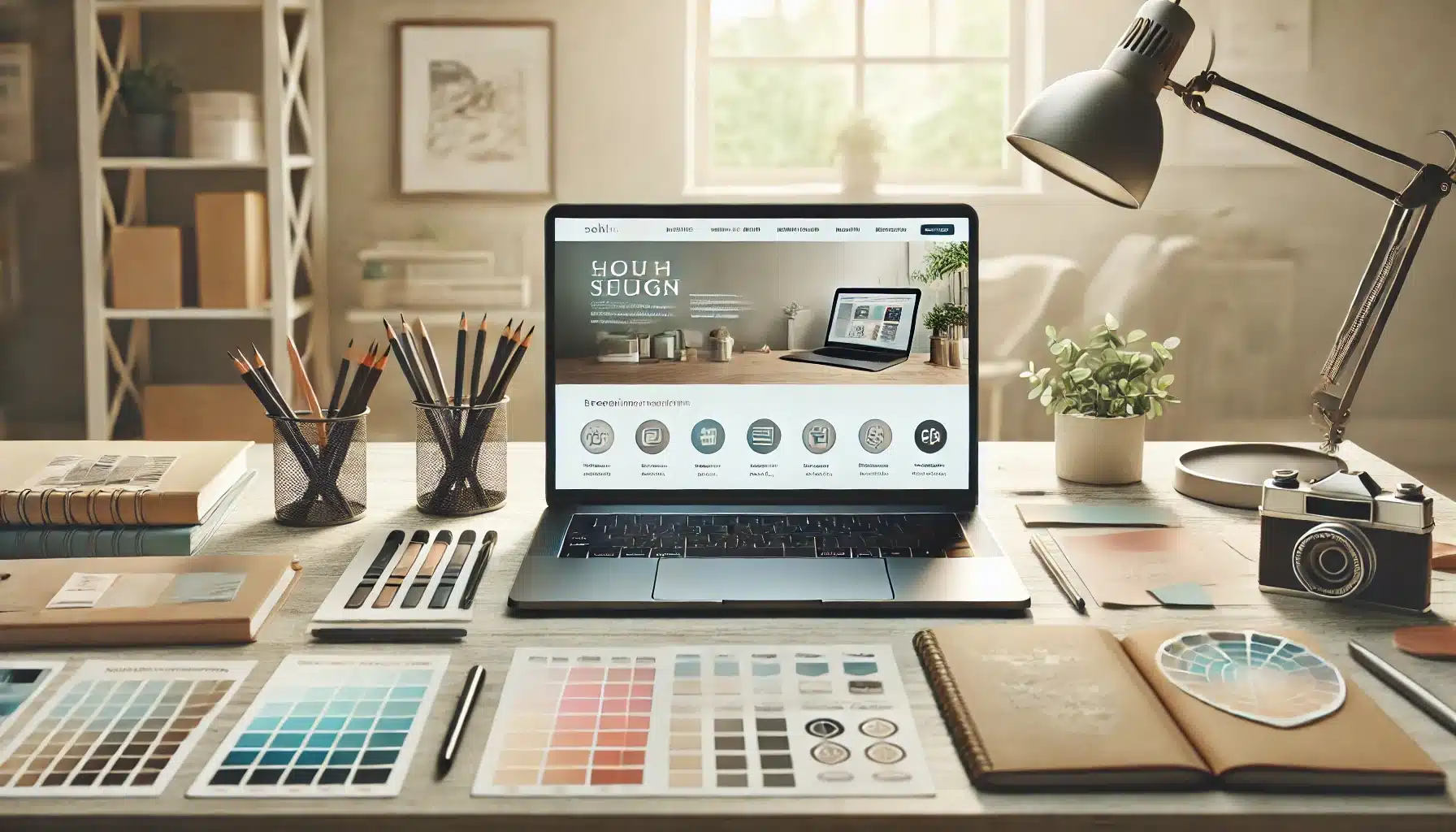 A strong website for brand identity featuring a professional website design on a laptop, surrounded by branding elements like color palettes, typography, and logos.