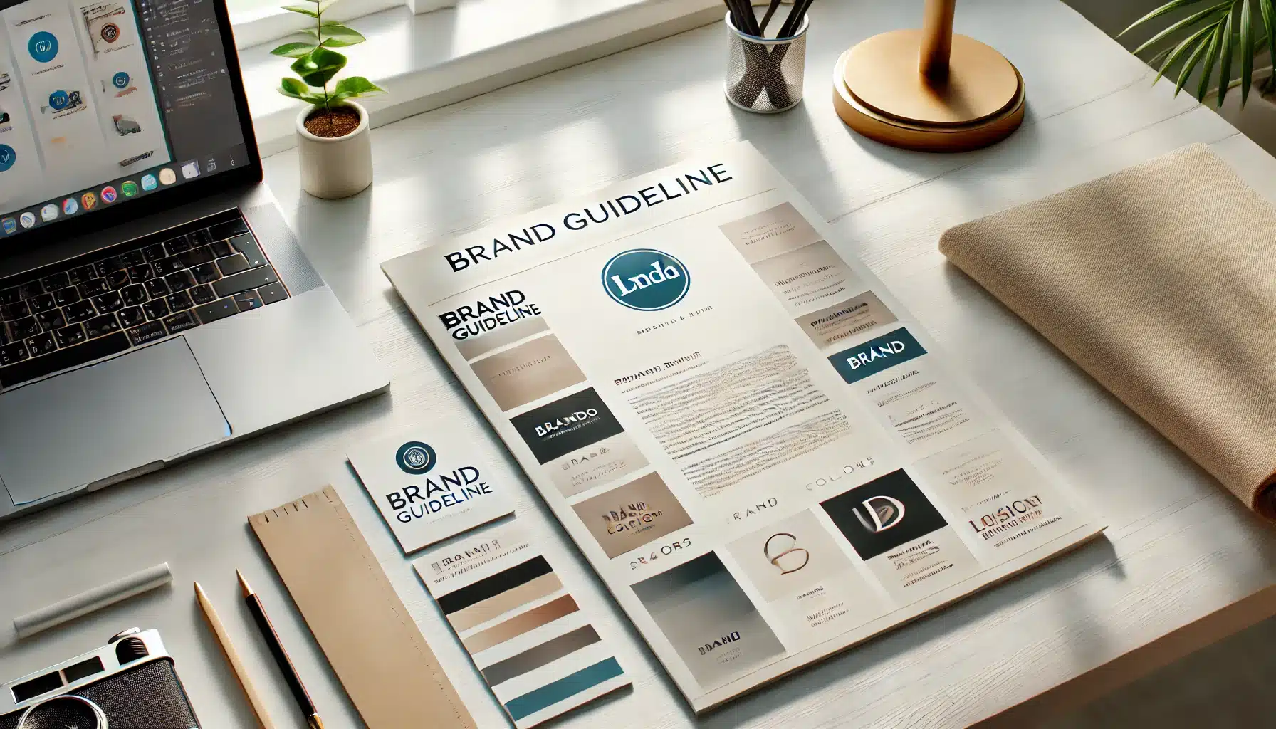 A professional brand guideline sheet displaying colors, typography, and a logo, emphasizing a strong website for brand identity.